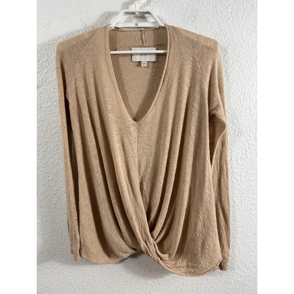 Brochu Walker Sweater Womens Small‎ Beige Linen Cotton Wrap V Neck Twist Front